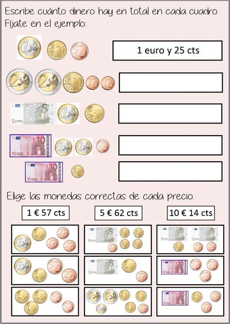 ejercicios fichas de monedas y billetes de euro para imprimir|RECURSOS PRIMARIA 